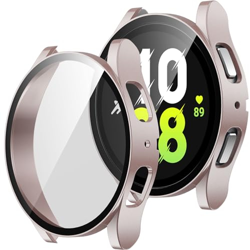ZZDZZ [2 Pezzi] Cover Compatibile con Samsung Galaxy Watch 5/4 44mm con Vetro Temperato, Custodia Sottile Rigida HD Clear Pellicola Protettiva per Galaxy Watch (Oro Rosa/Trasparente)