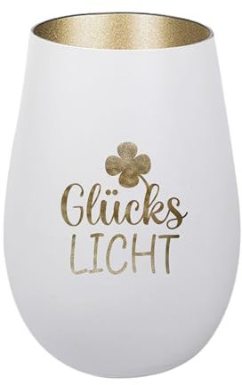 Der-Porzellan-Laden Windlicht mit Gravur GlücksLicht, Weiß Gold, Teelichthalter aus Glas mit Spruch, Tischdeko modern