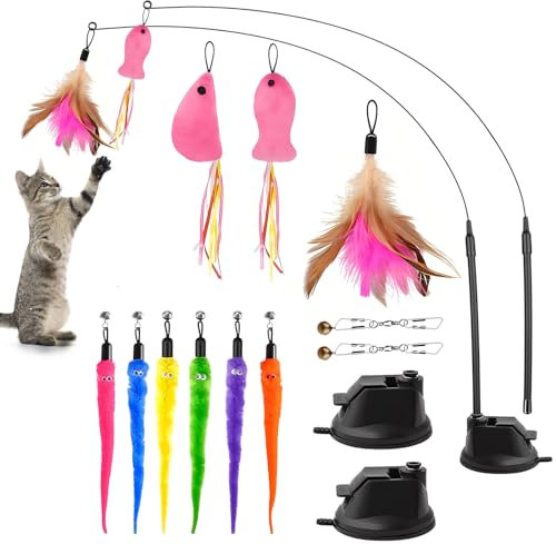 Vueinrg 15 pezzi Giocattolo per Gatti,Giocattolo Bacchetta per Gatti Giocattolo Interattivo per Gatti con Piume,Giocattolo Intelligenza per Gatti e Cani di Piccola Taglia, 2 Modalità Interattive
