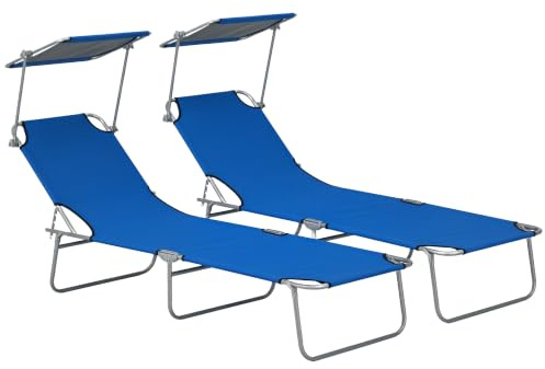 Outsunny Folding Sun Lounger Set of 2 with Canopy, Portable Blue | Reclining Sunbed, 4-Position Adjustable Backrest, 600D Oxford Cloth, Garden Lounger Recliner Chair, Beach Camping Patio