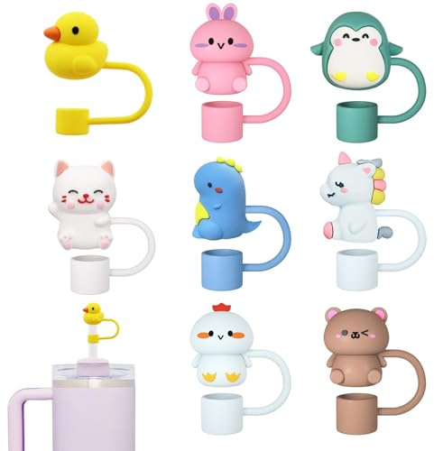 8 PCS Animal Straw Covers Cap, Straw Topper Protector Cover for Stanley Cup Accessories, Straw Topper Portable Dust Proof Universal Straw Reusable 10mm Cute Silicone Stanley Cup Straw Cover