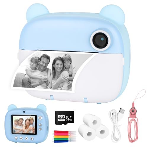 Cámara de fotos infantil, 1080p, cámara instantánea infantil, con tarjeta de 32 GB, papel fotográfico, 3 – 12 años, Navidad, cumpleaños, regalo para niñas y niños (azul)