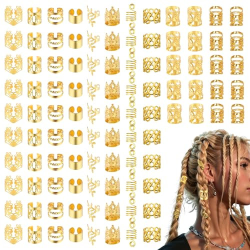 Lot de 100 accessoires pour cheveux dorés pour dreadlocks - 10 types de perles de cheveux en métal - Bijoux pour dreadlocks pour femmes - Accessoires de cheveux pour les festivals