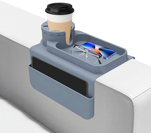 Accoudoir de canapé avec porte-gobelet, en silicone, deux poches latérales et support de téléphone, organiseur pour boissons, téléphone, tablette, télécommande TV