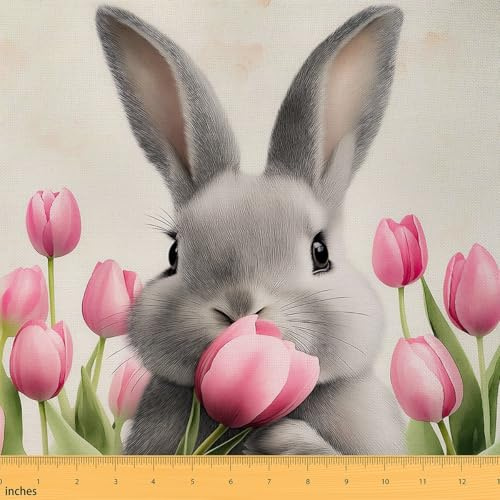 Loussiesd Cartoon Kaninchen Stoff 92x150cm Tulpe Blume Patchwork Stoffe Kleiner Hase Ostern Stoff Meterware für DIY Nähmuster Handwerk Nettes Tier Dekostoff Kawaii 3D Tier Thema Polsterstoff