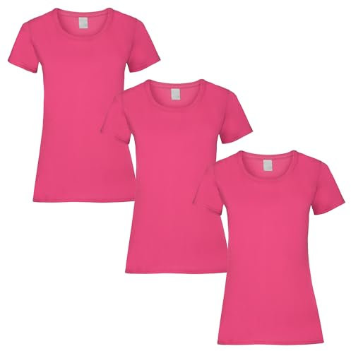 FIANA FASHIONS T-shirt da donna girocollo a maniche corte in cotone tinta unita confezione multipla da 3, Fucsia, XL