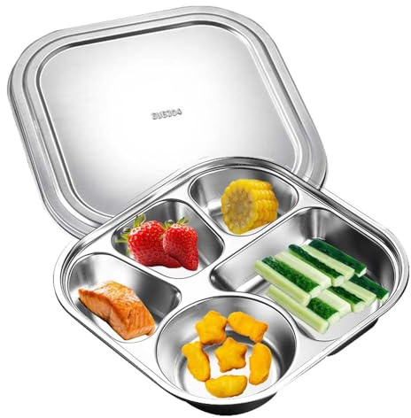 AIYoo 18/10 Stainless Steel Divided Plates with Steel Lid,5 Sections | Dinner Platter Food Lunch Tray for Adult,Portion Control Plate with Divider,Mess Food Sectioned Tray for Cafeteria,Campers