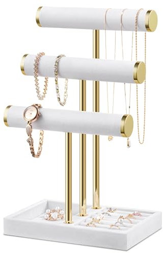 Josmimic Schmuck Organizer mit 3 Ebenen - Weiß Schmuckständer Armbänder, Abnehmbarer T-Steg Schmuck Ständer, Samt-Armbandhalter, Schmuckhalter für Armband, Halskette, Uhren, Ringe