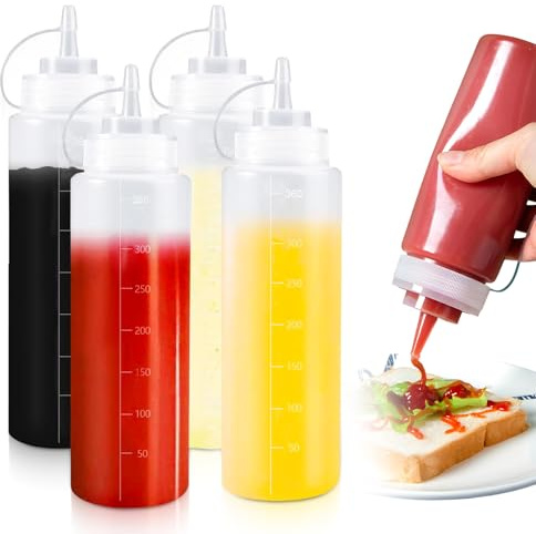 Qixuer Quetschflasche 4 Stück 360ml Transparentes Plastik, Squeeze Flasche, Ketchup Spender, Dosierflasche für Ketchup, Salatsauce, Olivenöl, Grillsoße