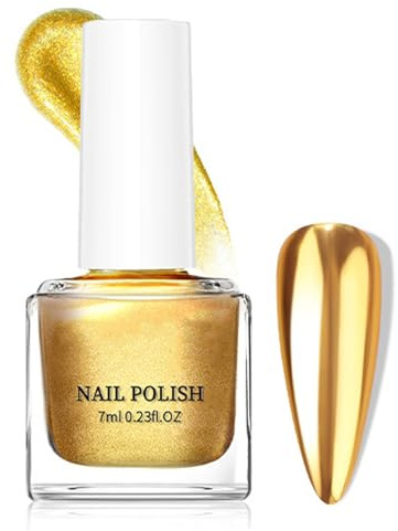 Gold Metallic Nagellack, Gold Spiegel Nail Polish Gel, Nagellack Glitzer mit Spiegelnagellack Chrom Fingernagellack Effect, Langanhaltender Schnelltrocknend, Oil Based Nail Polish Ohne UV Lampe-7ML