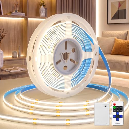 KSIBNW LED Streifen Batterie mit Fernbedienung 1M COB Strip Neutralweiß | LED Streifen Batteriebetrieben Selbstklebend Indirekte Beleuchtung für Küche Vitrinen Treppen Bücherregal (Ohne Batterie)