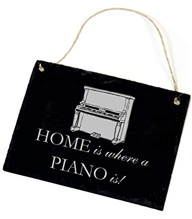 Schiefertafel Schild Spruch - Home is where a Piano is - Klavier Gravur Dekoschild 22x16cm