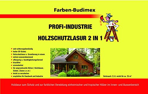 Farben-Budimex Profi Industrie Holzschutzlasur/Farbton Eiche / 5 L/Holzschutzlasur 2 in 1, Grundierung u. Lasur in einem, Speziallasur v. Holzfachhandel mit hohem UV-Schutz