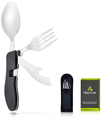 Hikenture 4-In-1 Campingbesteck Messer Gabel Löffel Flaschenöffner Set aus Edelstahl mit Gürteltasche - Klappbesteck Besteckset 1 Person für Camping und Outdoor (Schwarz)