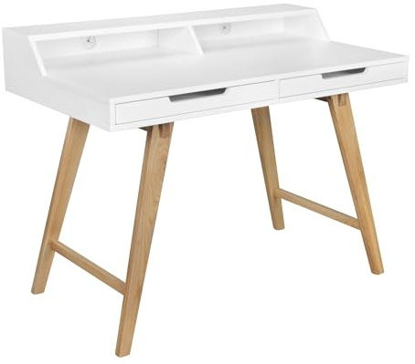 Wohnling Schreibtisch 110 x 85 x 60 cm MDF-Holz skandinavisch weiß matt Arbeitstisch, Design Laptoptisch mit Kabeldurchlass, Bürotisch mit Eiche-Beinen