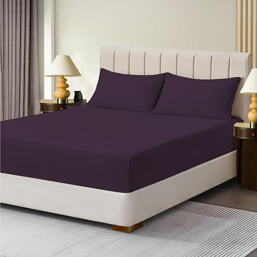 R&Z Extra Deep Polycotton Non Iron Fitted Sheet Easy Care 40cm (Plum/Aubergine, King)
