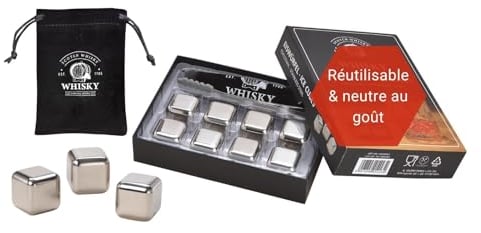 WOMA Whisky Steine Set I 8 Edelstahl Kühlwürfel inkl. Zange aus Edelstahl & Samtbeutel I Wiederverwendbare Eiswürfel für Whiskey Wodka Gin Rum Tequila & Cocktails
