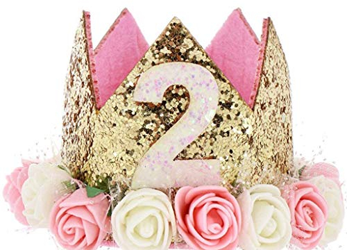Hitopin 1 Stücke Geburtstag Baby Krone Mit der Nummer 2, Baby Princess Crown Geburtstagskrone Haarband Haarschmuck Prinzessin Geburtstagskrone Mädchen Haarband Geburtstag Hut (Rosa)