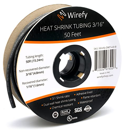 Wirefy Guaina Termorestringente 4,8 mm - Tubo Isolante 3:1 - Interno Adesivo - Nero - Rotolo 15 m
