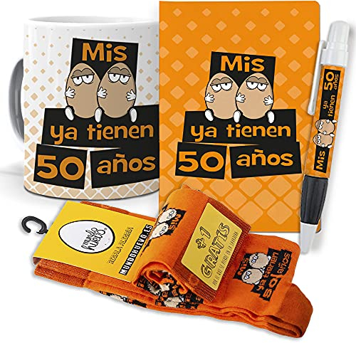 mundohuevo Super Regalo Personalizado para 50 cumpleaños Hombre. Mis Huevos ya Tienen 50 años. Taza, libreta, boli y Trio de Calcetines