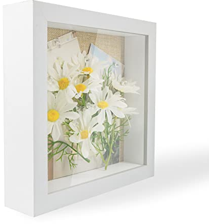 GraduationMall Weiß 3D Bilderrahmen Tief Objektrahmen 20x20 cm Schwarzen mit Glasscheibe zum Befüllen für Blumen Medaillen Tickets Wand Tischrahmen