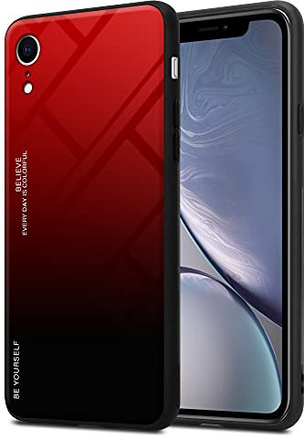 cadorabo Case compatible with Apple iPhone XR in RED - BLACK - Two-colour protective cover made of TPU silicone and back made of tempered glass