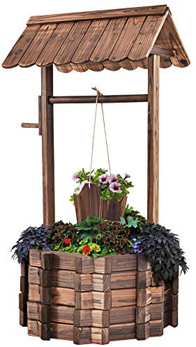GOPLUS Puits décoratif en Bois de Jardin Rustique, Jardinière d'Extérieur avec Toit Classique,Fontaine Décorative Jardinière avec Seau Suspendu et Lit de Plantation Spacieux (Seau A)