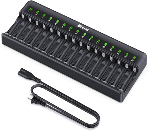 BONAI AA AAA Battery Charger 16 Bay for NiMH Rechargeable Batteries Independent Control with LED Light and Standard American AC Charging Plug, Battery not Included - Black
