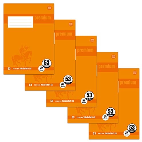 Staufen Premium Vokabelheft - DIN A5, Lineatur 53 (liniert mit Mittellinie), 32 Blatt, 90g/m² Premium Papier, 5 Stück