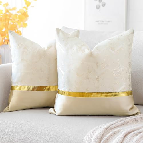 Artscope 2er Set Kissenbezug für Sofa Auto Schlafzimmer Luxuriöser Moderne Minimalist Goldenen Ledernähten Wellenstreifen Dekokissen Kissenhülle Kissen Fall 60x60cm (Beige)