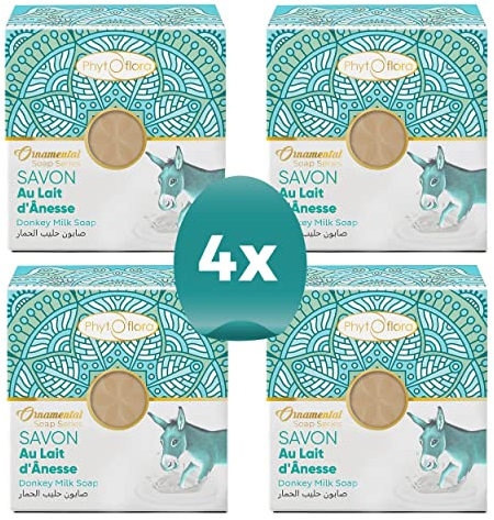 Phytoflora Savon Lait d'Ânesse,avec Porte Savon,Pack familial, 4x125gr,Acné Eczéma Ride PointNoir Psoriasis | Visage | Tous Peaux | 4 pièce