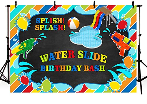 MEHOFOND Boy Water Slide Birthday Bash Backdrop Splish Splash Chalkboard Party Summer Swimming Pool Balls Water Gun Background Photography Photo Booth Banner for Cake Table Supplies 8x6ft