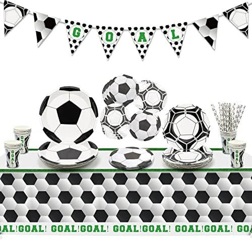 Décorations de Fête de Football Pack de Fête à Thème Sportif Comprenant des Assiettes, des Tasses, des Serviettes, une Nappe, une Bannière, pour 20 Invités