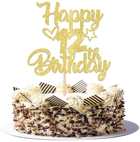 SYKYCTCY 1 Pack Happy 12th Birthday Cake Topper Glitter Heart Star 12 Fabulous Cake Pick Birthday Sign Cake Decorations for Children 12th Birthday Theme Party Supplies Gold