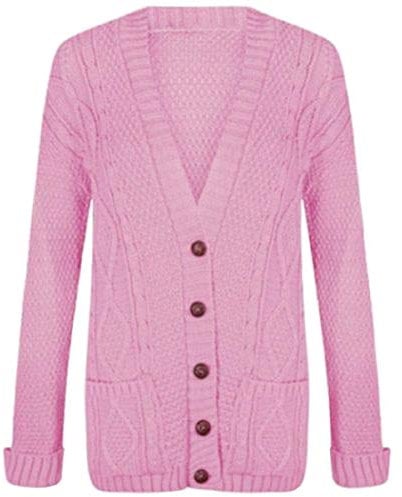 LUXFAB New Womens Everyday Long Sleeve Button Top Ladies Chunky Aran Cable Knit Grandad Cardigan UK Size 8-26 Baby Pink