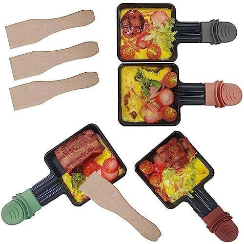 RoDzj Poelon Raclette Carré, 4 Pièces Revêtement Antiadhésif Mini Raclette Set avec 4 Spatules Raclette Coupelle Raclette pour Fromage Fondu Oeuf Frit
