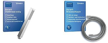 Duravit Stabbbrause mit Duschschlauch, wassersparender Duschkopf mit Strahlart Rain, flexibler Brauseschlauch (1,80m), Duschkopf eckig mit Schlauch, reinigungsfreundlich, chrom