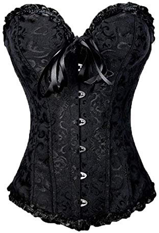 Springcmy Women Plus Size Corset Tops Boned Overbust Bustier Shapewear Lingerie Floral Lace Up Ruffle Trim Waist Push Up Bodysuit (A-Black, M)