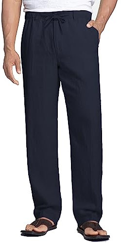 COOFANDY Leinenhose Herren Freizeithosen Lässige Strandhose mit Tasche Leichte Sommerhose Yoga Lange Hosen Regular Fit Herrenhose Lounge-Hose Navy Blau L