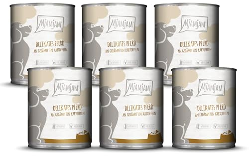 MjAMjAM - Premium Nassfutter für Hunde - delikates Pferd an gedämpften Kartoffeln, 6er Pack (6 x 800g), getreidefrei mit extra viel Fleisch