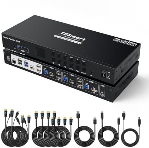 TESmart USB 3.0 HDMI+DP+USB C KVM Switch 4 PC 3 Monitore, 4 Port KVM Umschalter mit EDID Emulatoren, 4K@60Hz, Hotkey-Schalter, Wired Network, MST, Headset und All Input Kabeln