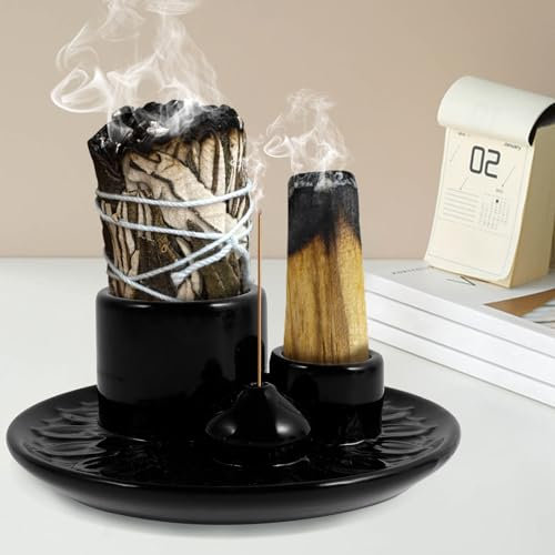 Bruciatore di incenso 4 in 1, con supporto per bastoncini di incenso Palo Santo, 12,7 cm, in ceramica, per meditazione e yoga, colore: nero