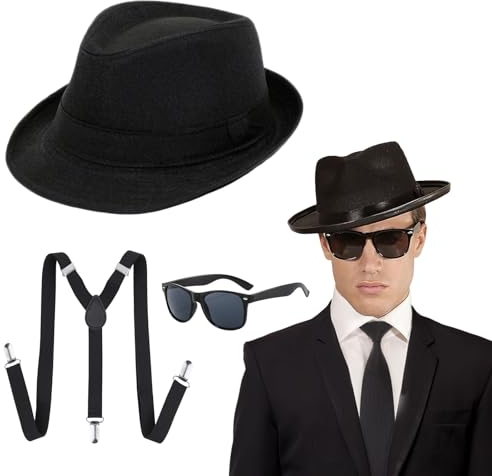 UILYNIU 3 Stück Mafia Gatsby Gangster Kostüm Herren, 1920s Jahre Herren Accessoires Fedora Hut Gläser Hosenträger Set, Panama Gangster Hut Flapper Kostüm fur Halloween Karneval Kostümparty