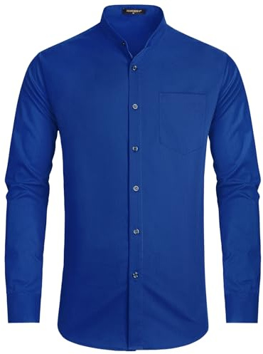 HISDERN Collarless Shirts for Men Long Sleeve Elegant Mens Grandad Dress Shirt Royal Blue Regular Fit Mandarin Collar Shirts for Wedding Casual 3XL