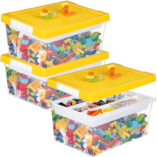 Greentainer Aufbewahrungsbox Spielzeug mit Deckel & AbnehmbaresTablett,3er Spielzeug Box aus PP,Aufbewahrungskorb Kinder,Spielzeugkiste für Kinderzimmer Aufbewahrungsbehälter für Blöcke(Gelb)