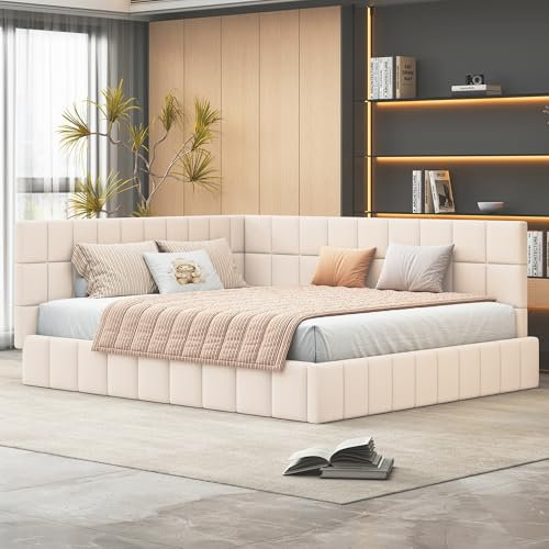 Arhatreya Schlafsofa 160x200 cm, Polsterbett mit Lattenrost aus hautsympathischem, Multifunktionsbett Tagesbett für Wohnzimmer Schlafzimmer Samtstoff Beige (Ohne Matratz)