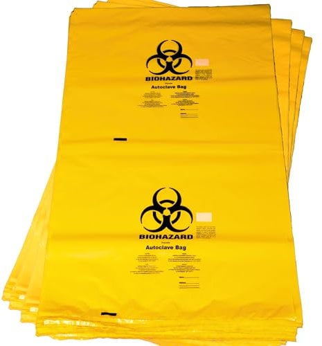 Labsales Biohazard Waste Disposal Bin Bags Yellow, Heavy-Duty, Leak Proof for Hazardous Waste Bio Hazard Disposal, with Sterilisation Indicator Patch 91L Volume 700x1100mm Pack of 75 - Autoclavable