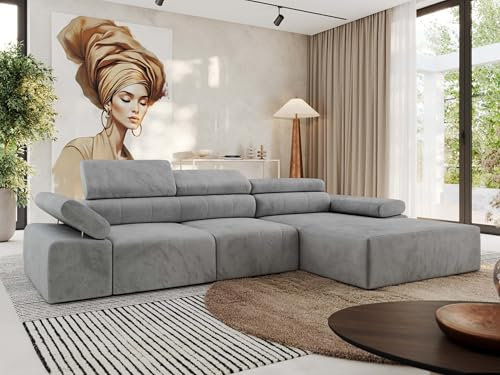 MKS MEBLE Ecksofa mit relaxfunktion elektrisch, Sofa L-Form - Rilasso - Hellgrau Velvet Rechts
