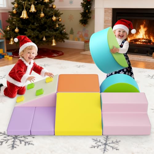 Brolteja Baby-Schaumstoffbausteine, Softplay-Set für Kleinkinder von 1–3 Jahren, Baby-Kletterturm mit Rutsche, große Bausteine ​​für Kleinkinder (Makkaronfarbe-7-Lederabdeckung)