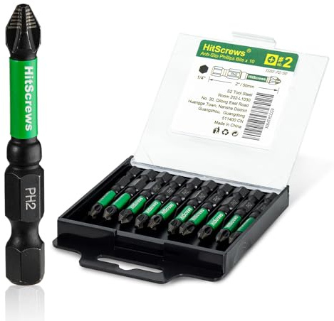 HitScrews PH2 Impact Driver Bits 50mm Anti Slip Screwdriver Bit #2 10PCS | Magnetic Phillips Drill Bits, S2 Steel CNC Tip Extended Torsion Zone, 1/4 Hex Shank for Home Improvement & Woodworking